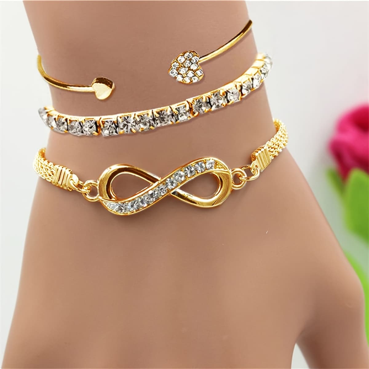 TEMU 3pcs Women's Bracelet Set: Infinity Symbol+ Tennis Chain+ Open Bangle. Fashionable And Elegant, Versatile For Casual Attire, For Parties, Thoughtful Gift For Girlfriend, High-quality Set