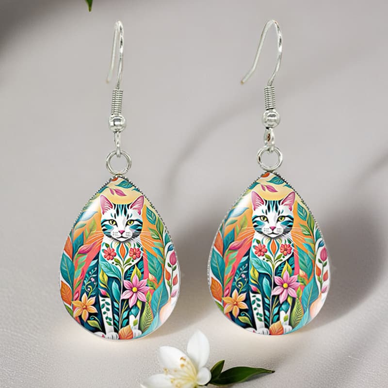 TEMU Cat Flower Tattoo Pattern Water Drop Glass Hook Earrings, Fashion Stainless Steel Earring Accessories Gift