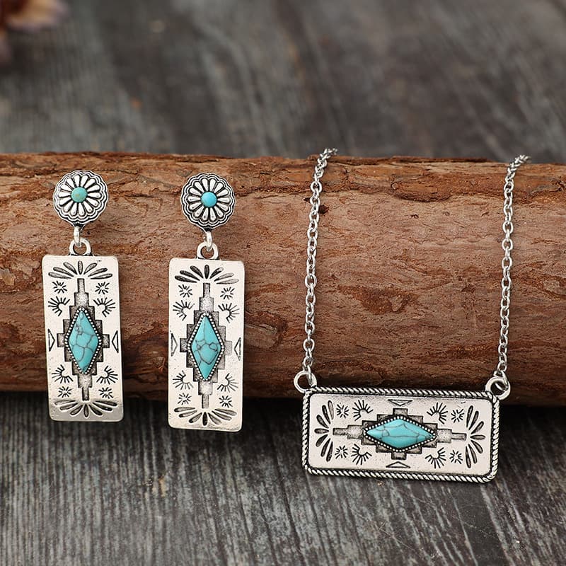 TEMU Boho Retro Style Pumpkin Flower Mosaic Geometry Turquoise Alloy Earrings, Necklace Set, Suitable For And Gifts For , Birthday Gifts