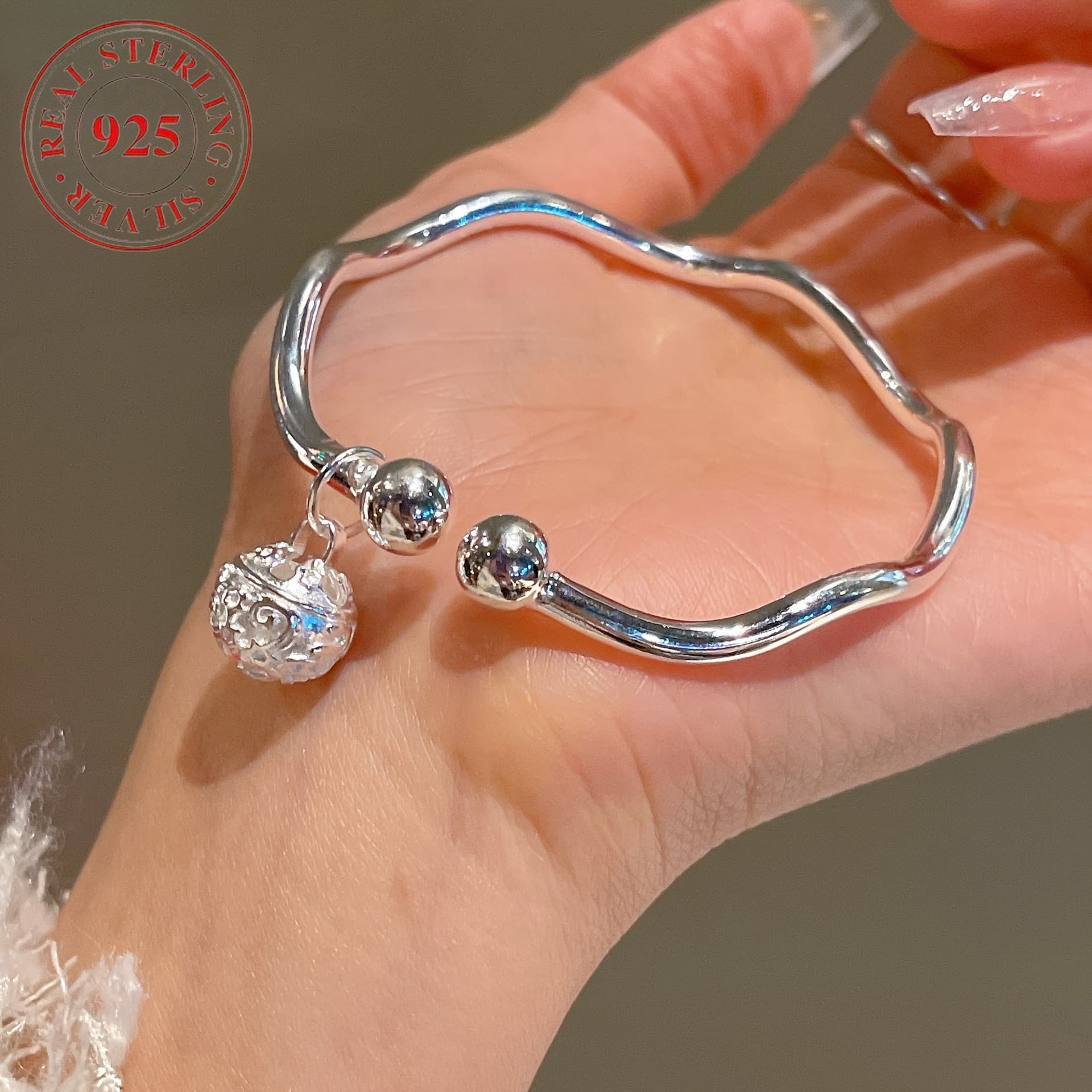 TEMU 1pc Bohemian-style S925 Sterling Silver Open Cuff Bracelet Designed For Women, Featuring A Dangle, Suitable For Everyday Use And Gifting, Perfect For All , Valentine's Day