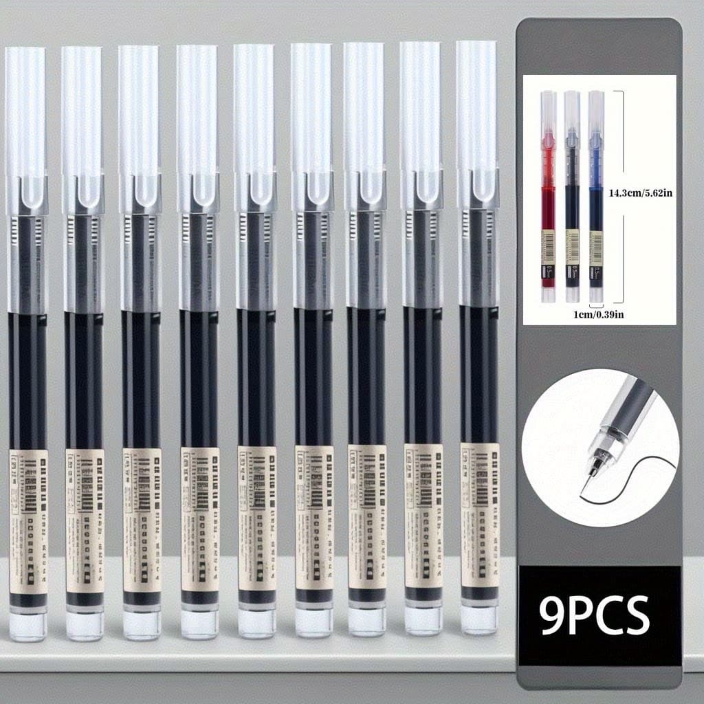TEMU 9-pack Quick-dry Liquid Gel Pens, 0.5mm Signature Pens With Black/ Blue/ Red Ink For School, Office & Student Use - Smooth Writing Stationery Pens.