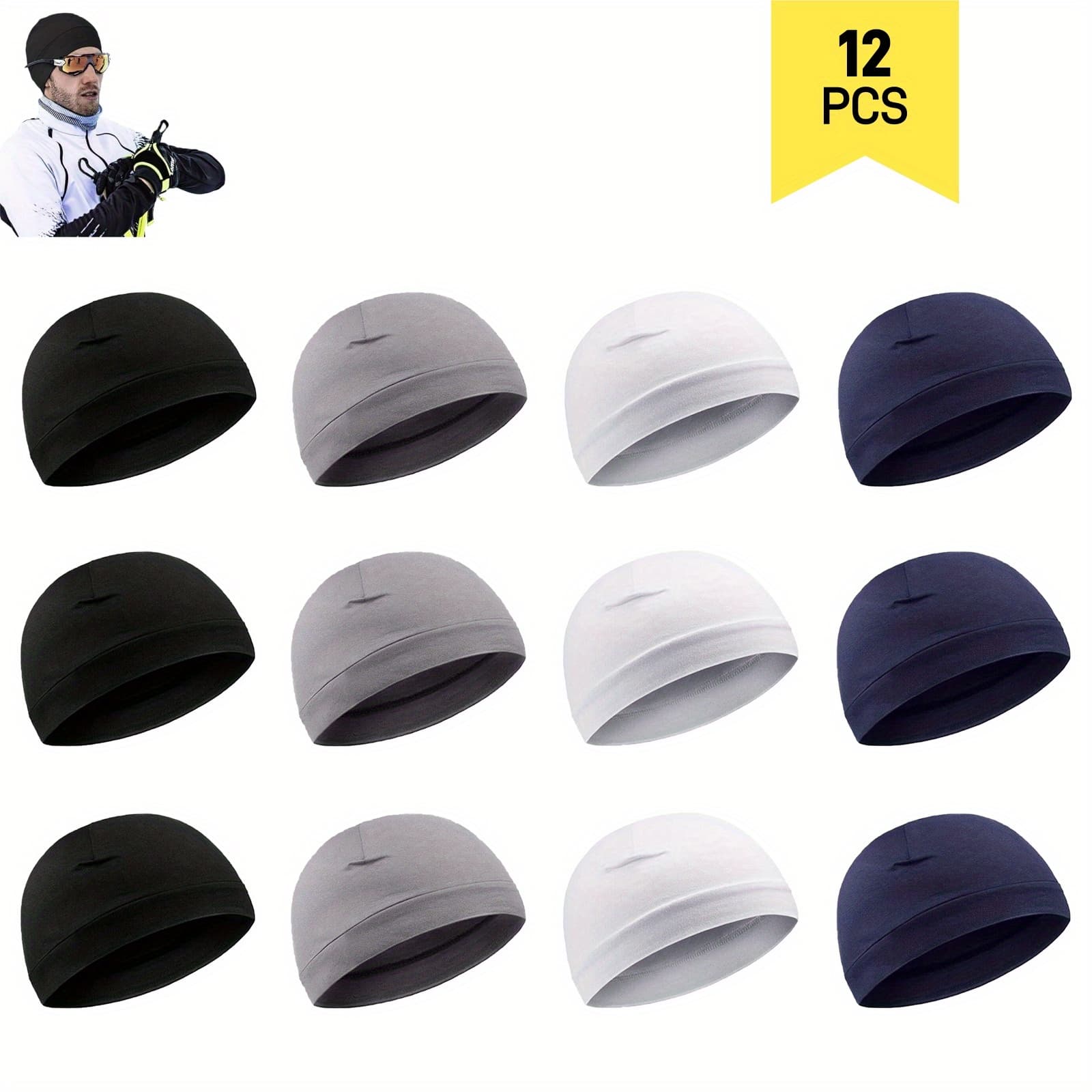 TEMU 12 Pack Cooling Skull Caps Moisture Wicking Stretchy Liners For Men, Breathable Sweat Beanies For Cycling Running Sports