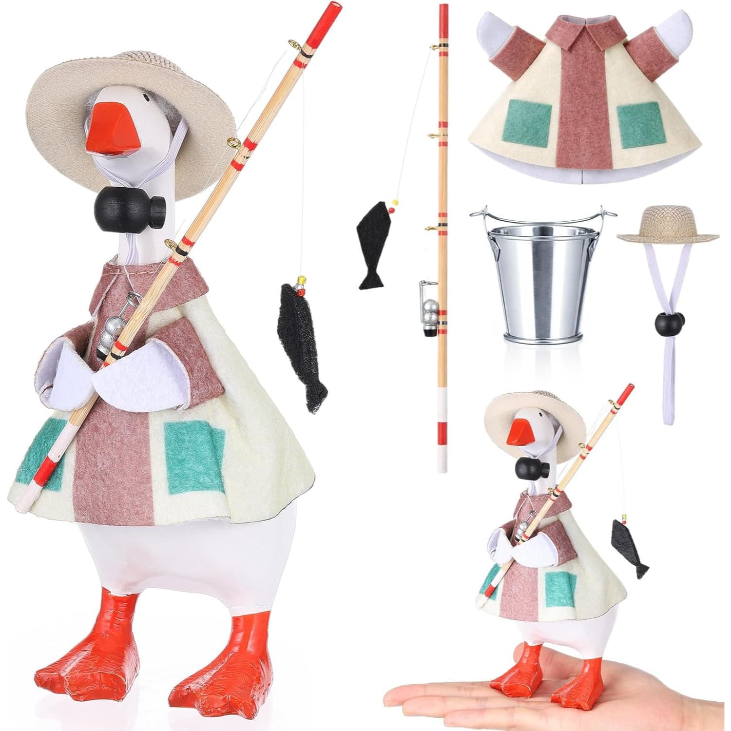 TEMU 4pcs Office Desk Goose Statue Accessories - Angler Set, Suitable For 7-inch Mini Goose Statue, Fish Bucket + Camouflage Suit + Fishing Rod + Dome Hat (goose Not Included), Set