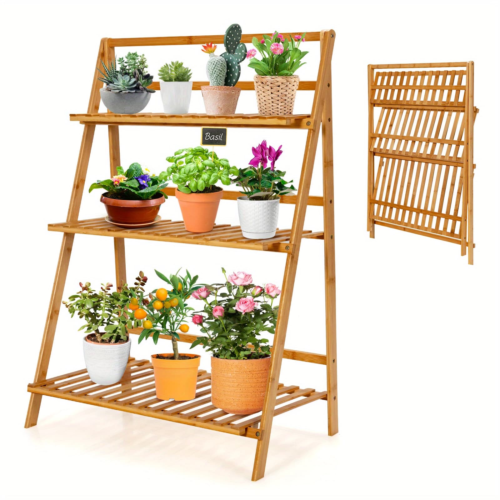 TEMU Costway Folding Bamboo Plant Stand, 3-tier Ladder Plants Holder Organizer, Foldable Flower Pot Display Shelf For Living Room, Patio, Garden, Balcony, Porch, Easy Assembly, Natural.