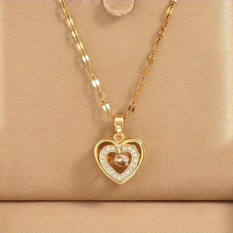 TEMU Elegant Heart Pendant Necklace - Stainless Steel With Cubic Synthetic Synthetic Zircon​​, Minimalist Dainty Jewelry Gift For Women