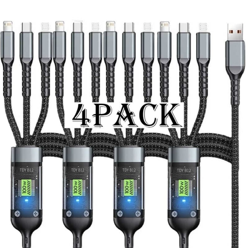 TEMU 4pcs/8pcs 100w 3in 1 Fast Charging Usb Cable 1.2m/4ft Nylon Braided Charging Cable With Type-c, Micro Usb, Ip Port For Iphone Multi Port Multiple Charging Wire Mfi