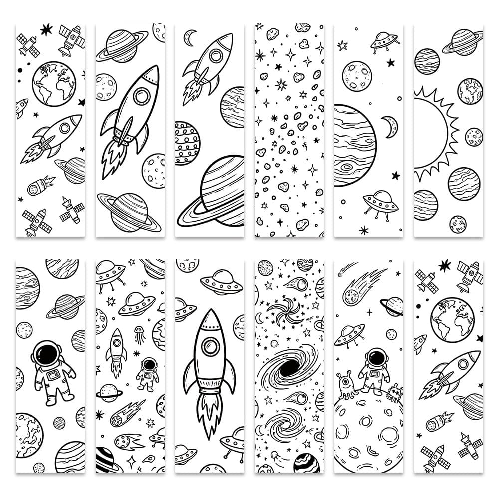 TEMU 24pcs Space Rocket Diy Coloring Paper Bookmarks, 12 Astronaut Planet Page Markers, Creative Reading Accessories, Students &