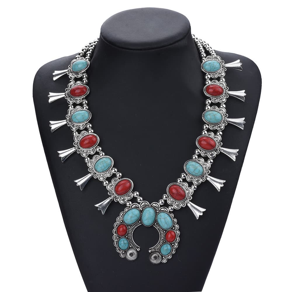 TEMU Boho-chic Necklace With Red & Green Turquoise - Alloy, Vintage Style For Women | Perfect For Parties & Vacations