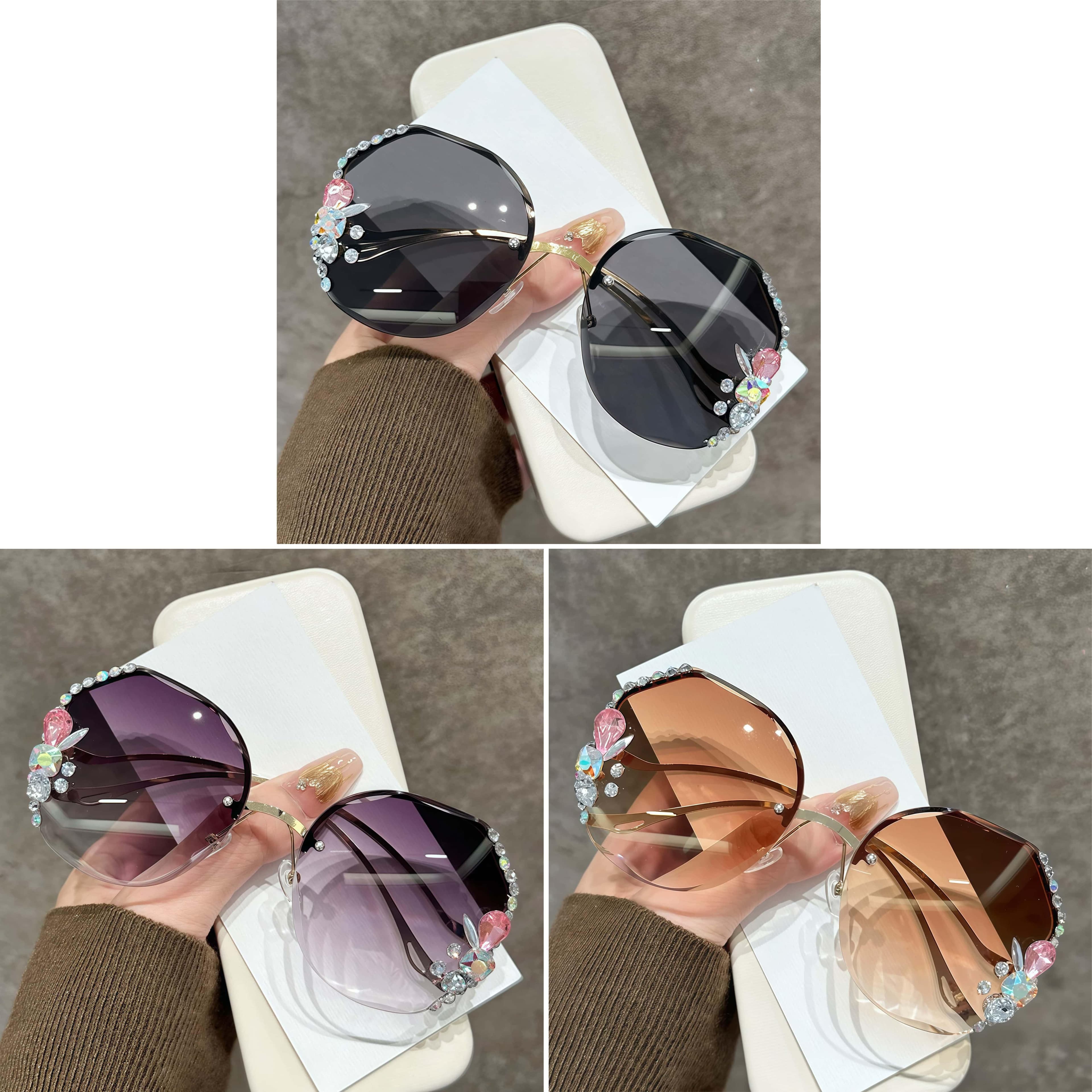 TEMU 3pcs Women's Fashion Glasses - Frameless Gradient Lenses With Sparkling Gemstone Decorations, Unique Curved Leg Design, Diamond Studded High-, Small Women's Fashionable Shading