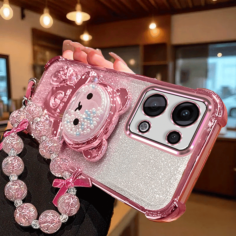 TEMU Phone Case - Luxury Electroplated Tpu Soft Shell Phone Case For Oppo A6 Pro, Featuring A Cute Bead , A Phone Holder, And A Hanging Strap