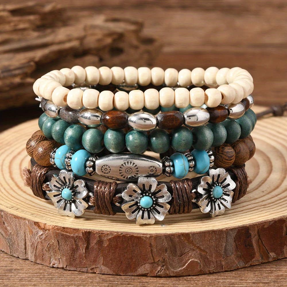 TEMU A Collection Of 5 Popular Elastic Bracelets Made Of Wooden Beads In A Bohemian Style, Featuring Multiple Rose And Turquoise Beads, Ideal For Anyone