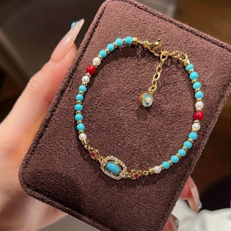 TEMU 2025 Fashion High End Turquoise Pearl Bracelet Light Luxury Dopamine Handstring For, New Chinese Style Niche Beaded Jewelry Showcases And Trendy Style, Suitable For Women Pursuing To Wear