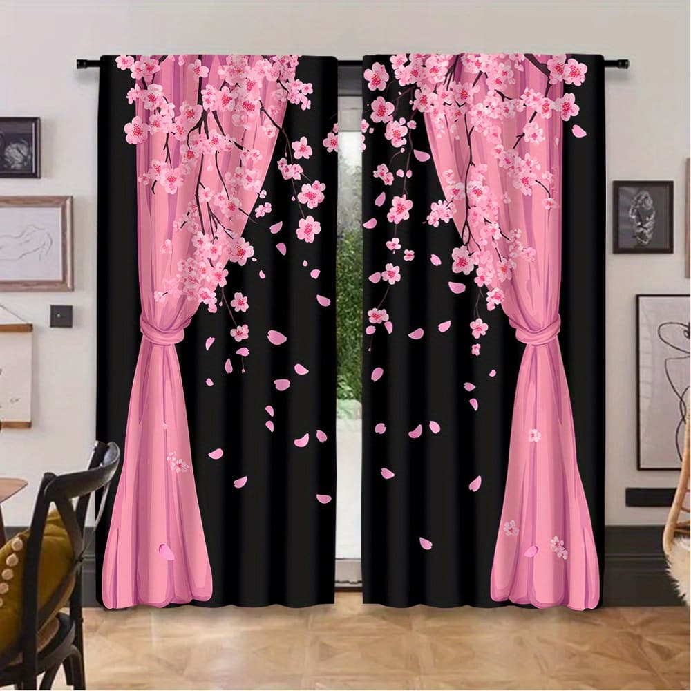 TEMU 2pcs Petal Romantic Curtains, Suitable For Bedroom, Dressing Room, Japanese Tea Room, Cherry Theme Space, With Falling Petals, A Beautiful Atmosphere Experience