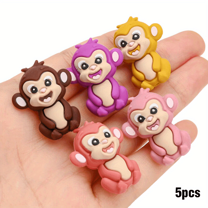 TEMU 5-pack 24x30mm Silicone Material Animal Monkey Shaped Beads For Handmade Jewelry And Accessory Making, And Necklace Beads