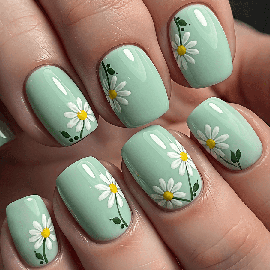 TEMU 48pcs Spring-style Mint -on Nails - Hand-painted Daisy Design Artificial Fake Nails Full Set, Suitable For Daily Life & Looks (for Women &)