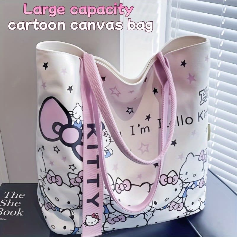 TEMU Official Hello Kitty Women's Large Capacity Tote Bag - Cute Hello Kitty Face, Bow & Hearts Design, Durable Handbag With Zipper Closure, With Heart & Bow Patterns, Sturdy Strap For School, Travel
