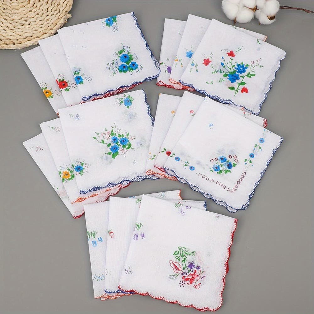 TEMU 12pcs/24pcs Vintage Floral Handkerchiefs, Ladies Hankies With Scalloped Edges, 11-inch Retro Pocket Squares For Women