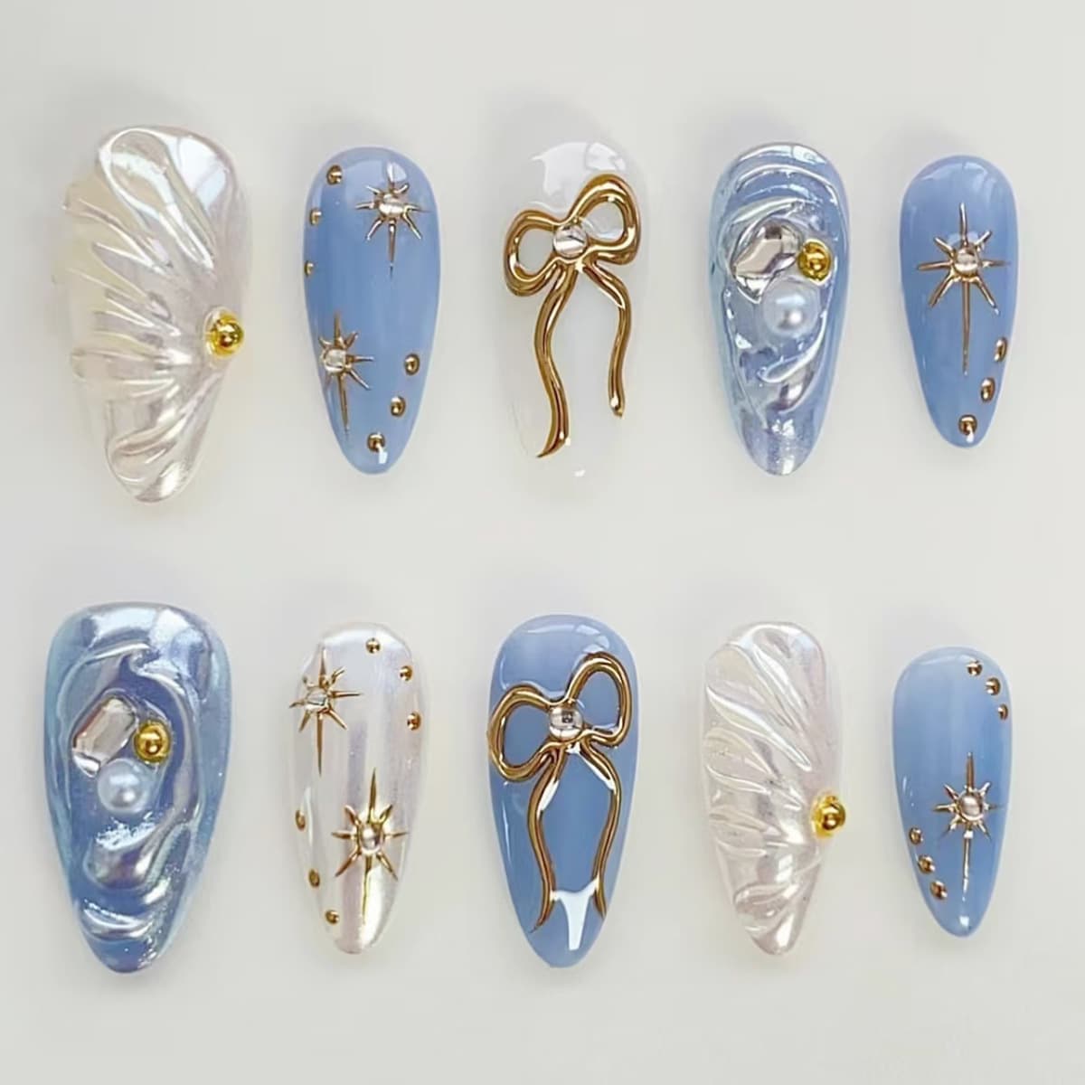 TEMU 3d Ocean Blue Gold-plated Sparkling Diamond Bow Starburst Wave Pattern Elegant European And American Detachable Nail Art 24pcs