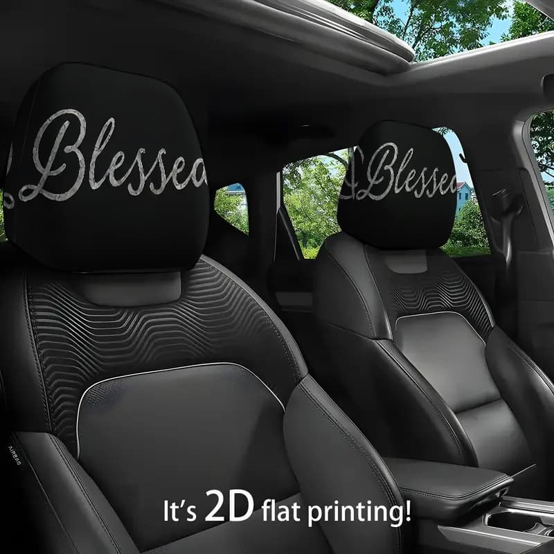 TEMU 2pcs 100% Polyester 2d And White "blessed" Art Text Unstuffed Car Headrest Covers | Universal Vehicle Seat Protector | 4-season Ideal Gift For Drivers And | For Travel And Daily