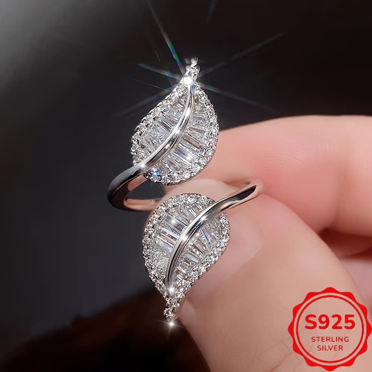 TEMU Elegant Leaf Shaped Ring Set With Shiny Cubic Zirconia -925 Sterling Silver, Hypoallergenic, Suitable For Daily And Holiday Wear
