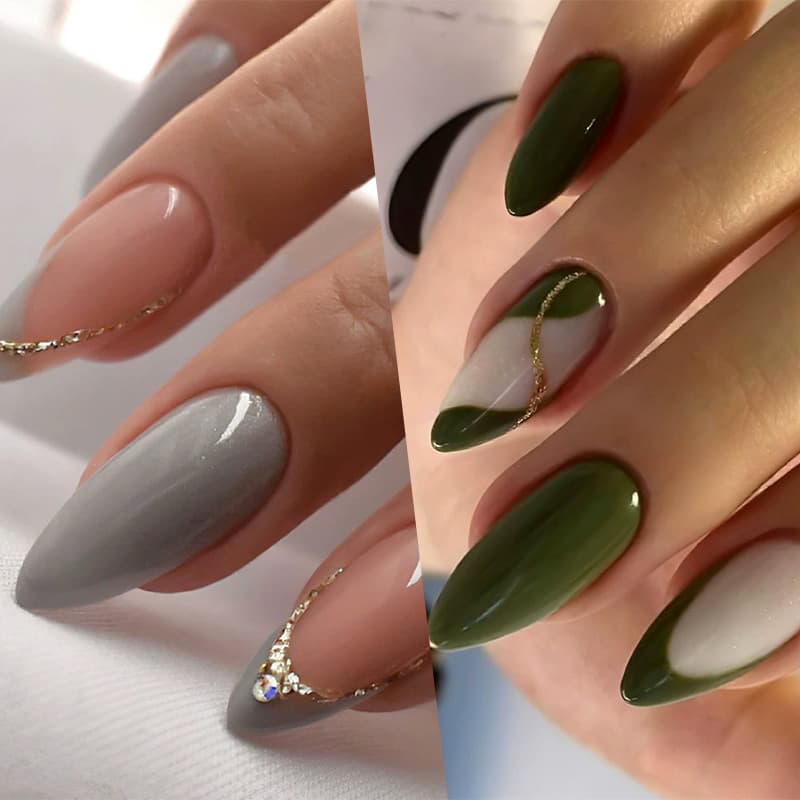 TEMU 48pcs(2pcs) French Pointed Nail Press, Semi Transparent Gray And Green French Pointed Medium Long Almond Fake Nails, Reusable Adhesive Fake Nails | | 12 Sizes -24 Nail Kits
