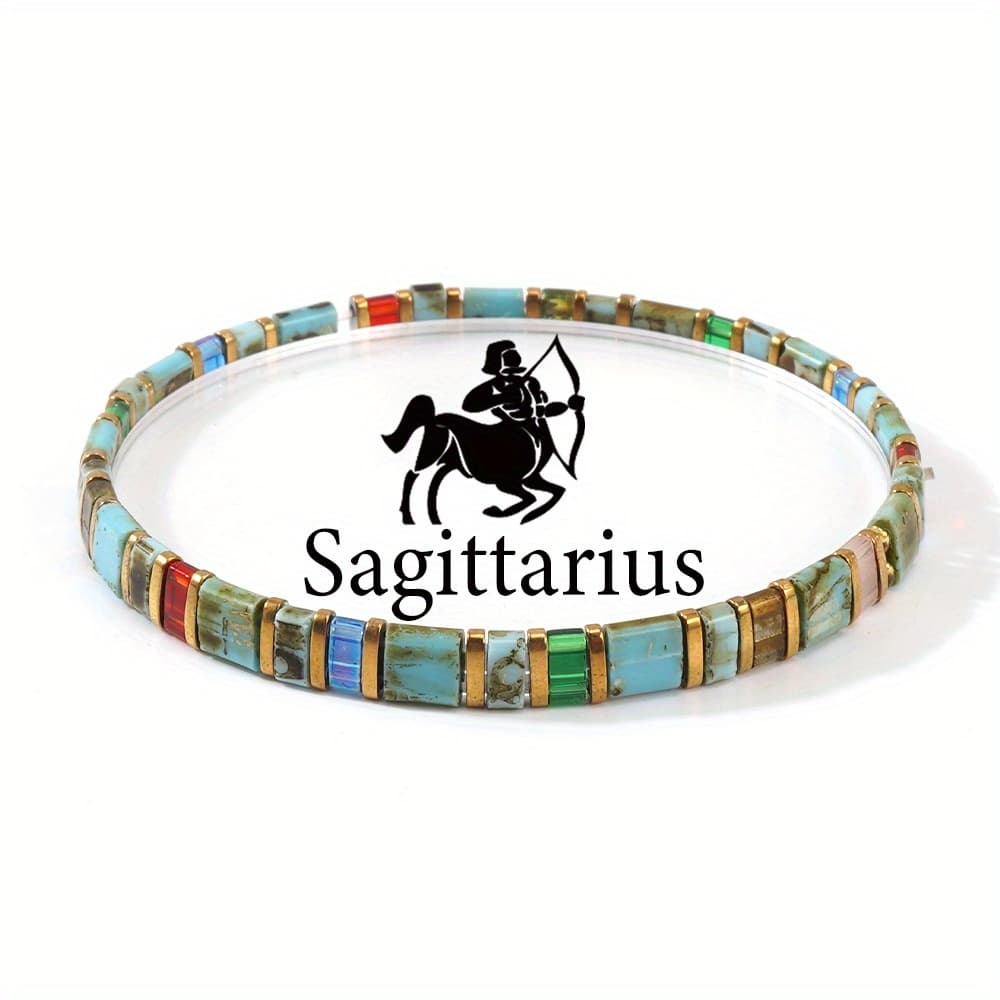 TEMU Spring/summer New Sagittarius Zodiac - Handmade Mixed Color Glass Bead Elastic String Bracelet Accessory