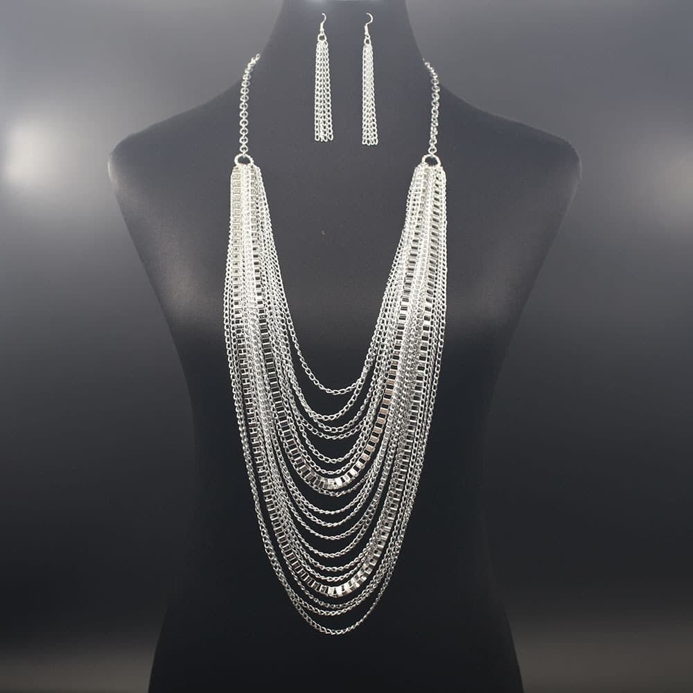TEMU A Set Of Earrings With An Exaggerated Long Fringe And A Multi-layered Necklace