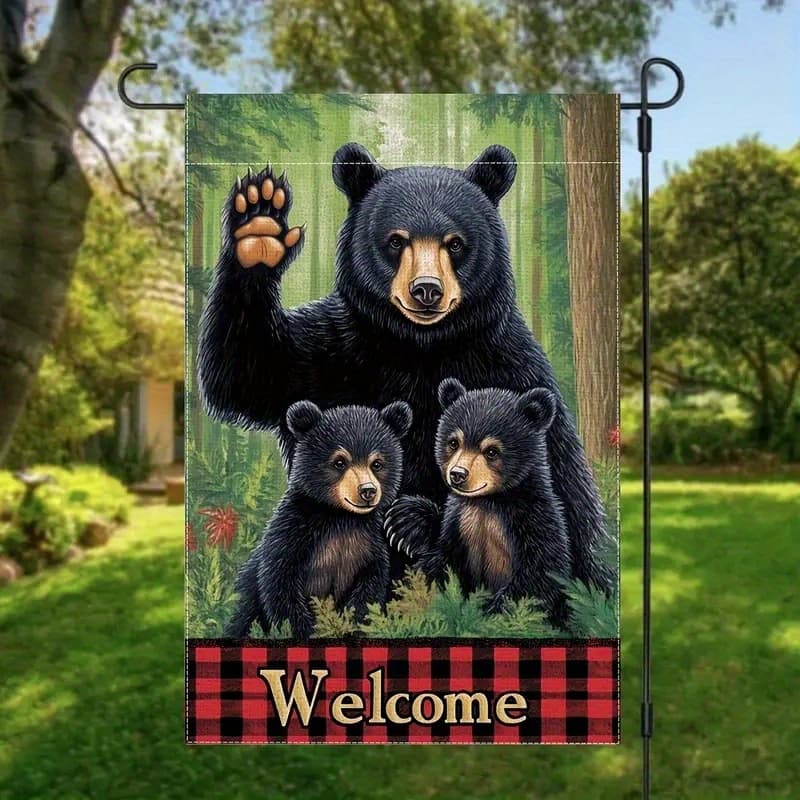 TEMU Black Bear Family Flag - Double-sided Linen Material, Durable Outdoor Decor, 12x18 Inches, Perfect For Yard And Home
