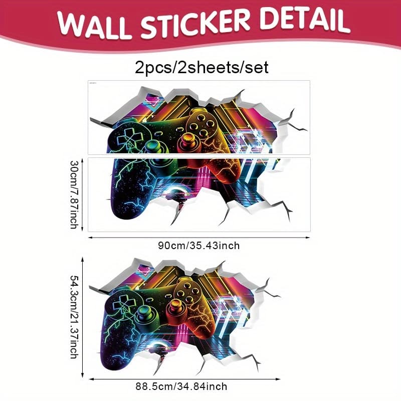 TEMU 2pcs/set 3d Gamer Wall Stickers | Video Game Controller Wall Art Mural, Peel And Stick, Glossy Pvc, , Sports Theme, Self-adhesive, Reusable, Suitable For Plastic