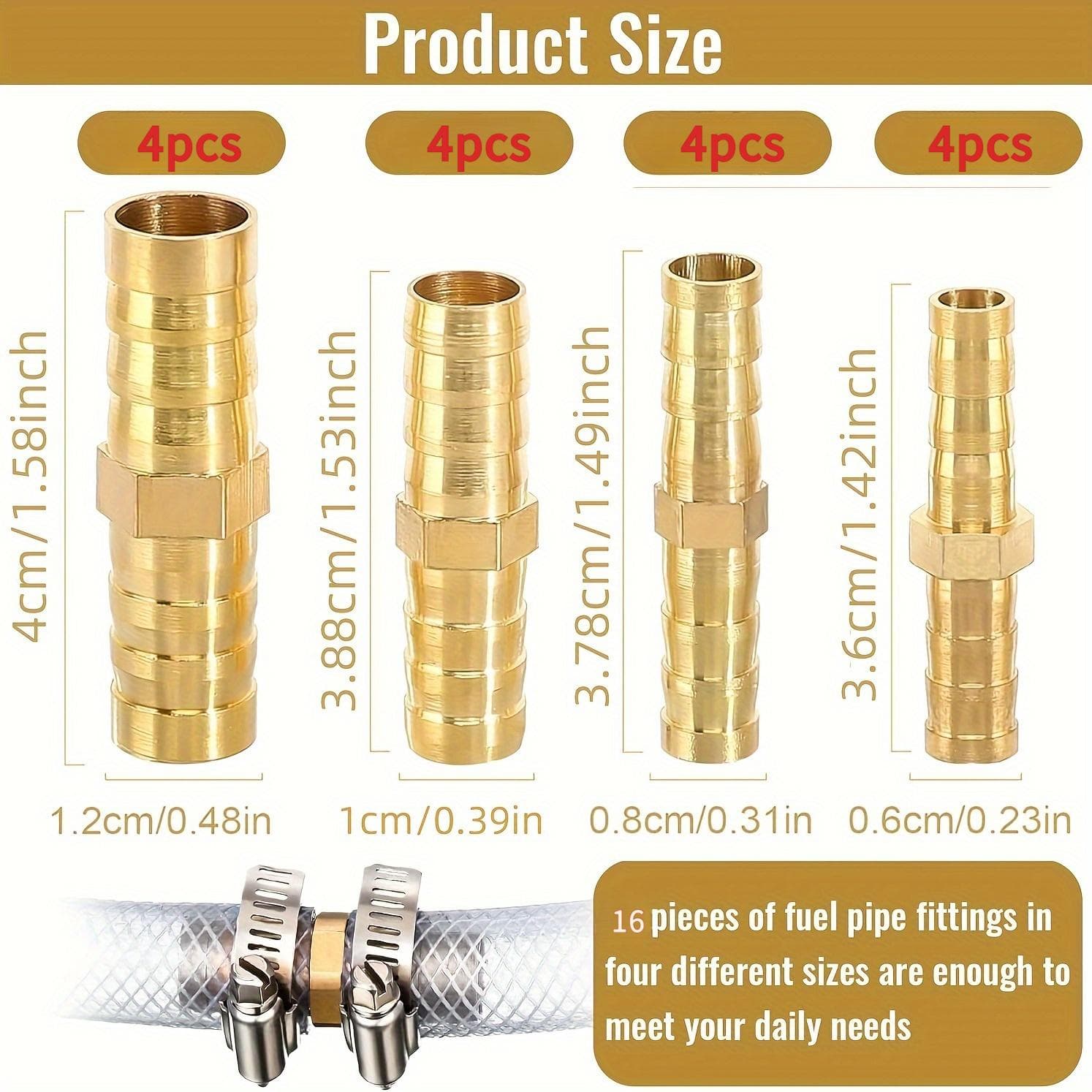 TEMU A Set Includes 16 Brass Hose Connectors, Suitable For Air/water/fuel/oil - Leak-proof, European And American Thread , Multiple Sizes(6mm/8mm/10mm/12mm)