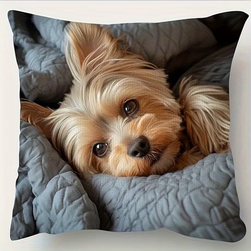 TEMU Double-sided Pillow Cover Featuring A Yorkshire Terrier - A Accessory With A Zipper, Machine Washable, Made Of Polyester, Ideal For Your Sofa And Bed, In A Vintage Design (filling Not Included)