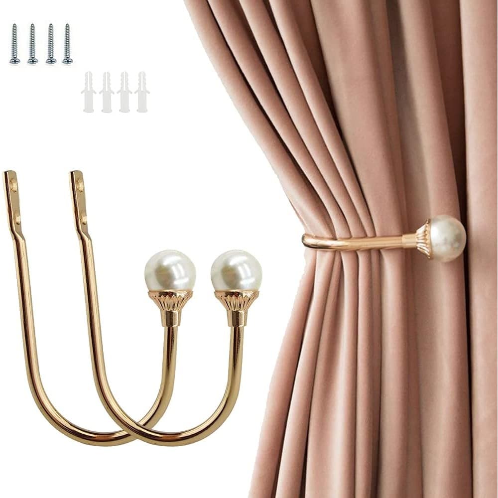 TEMU 2 Pack Curtain Holdbacks Wall Mounted Curtain Tiebacks Hooks Plastic Pearl U Shape Curtain Tiebacks With Screws Curtain Ties For Home Office-golden