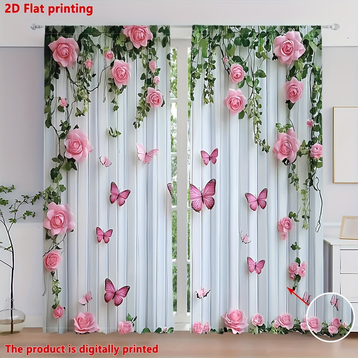 TEMU 2d Flat - 2d Flat - 2d Flat, 2pcs, 2d Flat Printing, Rose And Curtains, With Pocket Pole Installation, Suitable For Living Rooms And Bedrooms, Beautifying Home Decoration