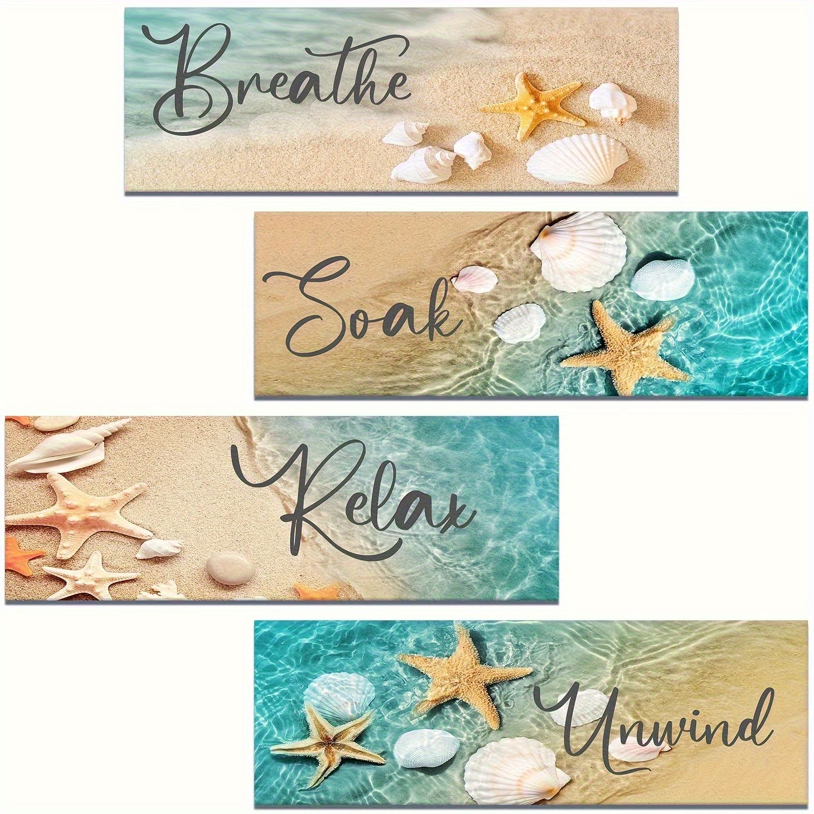 TEMU [2d Flat] 4pcs Wooden Beach Bathroom Wall Decor | Frameless Plywood Art Prints Featuring Seashells And Starfish, Ideal For Relaxing Bathroom Spa Decor