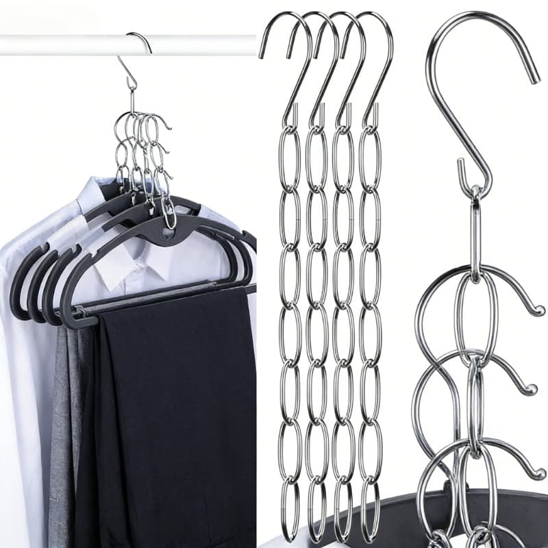 TEMU 8pack 7-slot Metal Chain Clothes Hanger, Space-saving Foldable Organizer, Multi-hanger For Storage, Durable Wardrobe Accessory, Clothes Organizer Storage