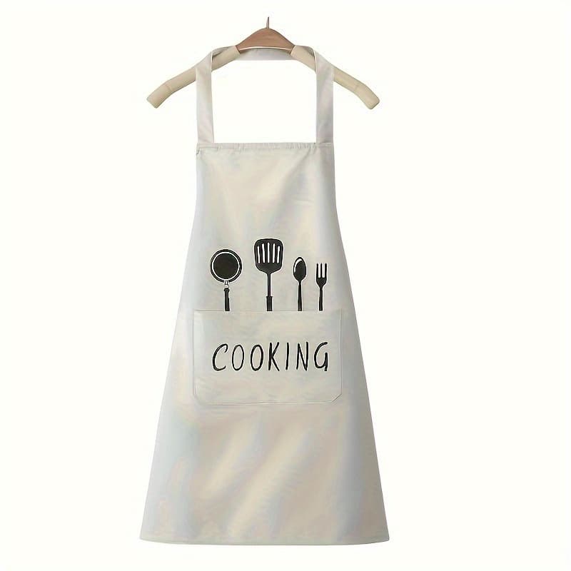 TEMU 1pc Polyester Cooking Apron With Pockets, Hand Washable, Design, Ideal For Kitchen And Restaurant Use, In With Chef Hat And Utensil Illustrations