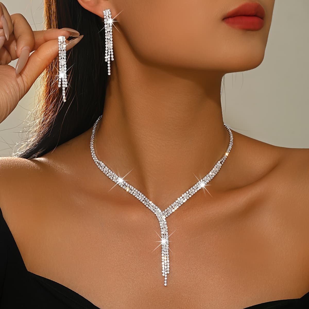 TEMU 2pcs Exquisite And Elegant Y-shaped Tassel Jewelry Set - Women's Necklace And Dangle Earrings, Bridal Accessory Evening Banquets, Birthday Or Best Friend