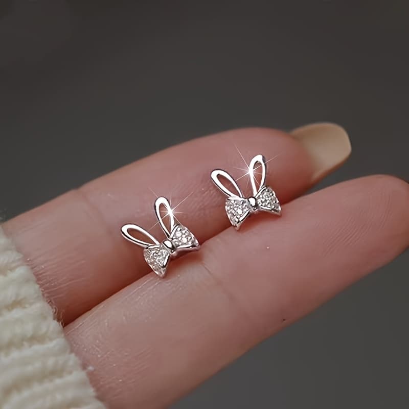 TEMU Rabbit Stud Earrings With A Delicate Bow, Suitable For Casual Attire And Parties, Perfect For All .anniversary Birthday Party Easter Gift Jewelry