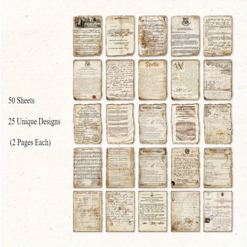 TEMU Vintage Paper-50 Sheets, 25 (2 Pages Each), Double-sided With Pattern And Writing Side, Diy Journal And Craft Supplies