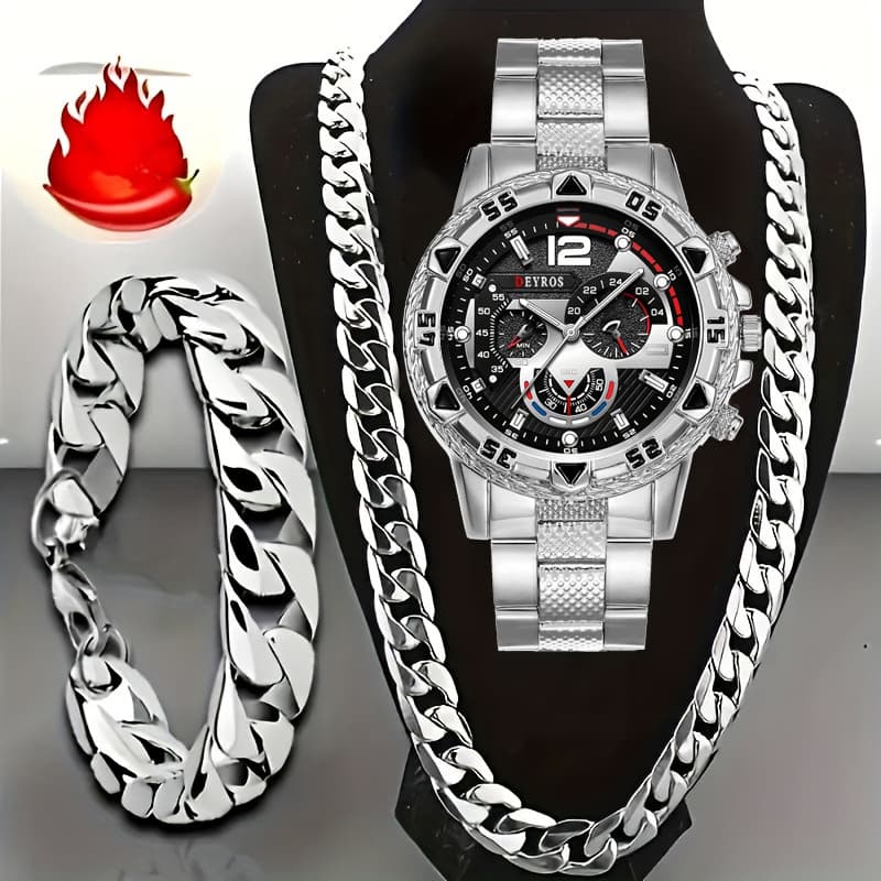 TEMU [sporty Watch Set] 3pcs Men's Quartz Watch Set Men's Bracelet Men's Necklace Stainless Steel Bracelet Set Casual Watch For Men