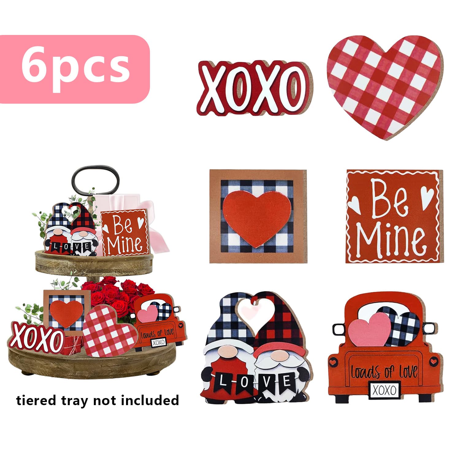 TEMU Set Of 6 Valentine's Day Decorative Items For A Tiered Tray, Featuring Heart-shaped Wooden Signs, Gnome Figures, And Truck Ornaments, Perfect For Home Tables And Wedding Parties