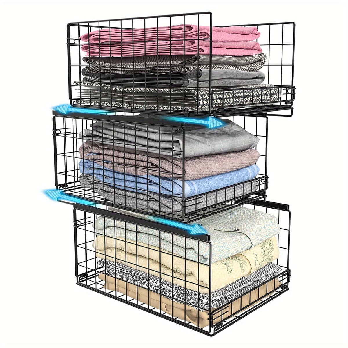 TEMU 3-tier Sliding Closet Organizers And Drawer Storage Shelves, Stackable Bins For Jean Pants Sweaters, Metal Drawer Storage Container, Closet Organizers For -black, Mounted