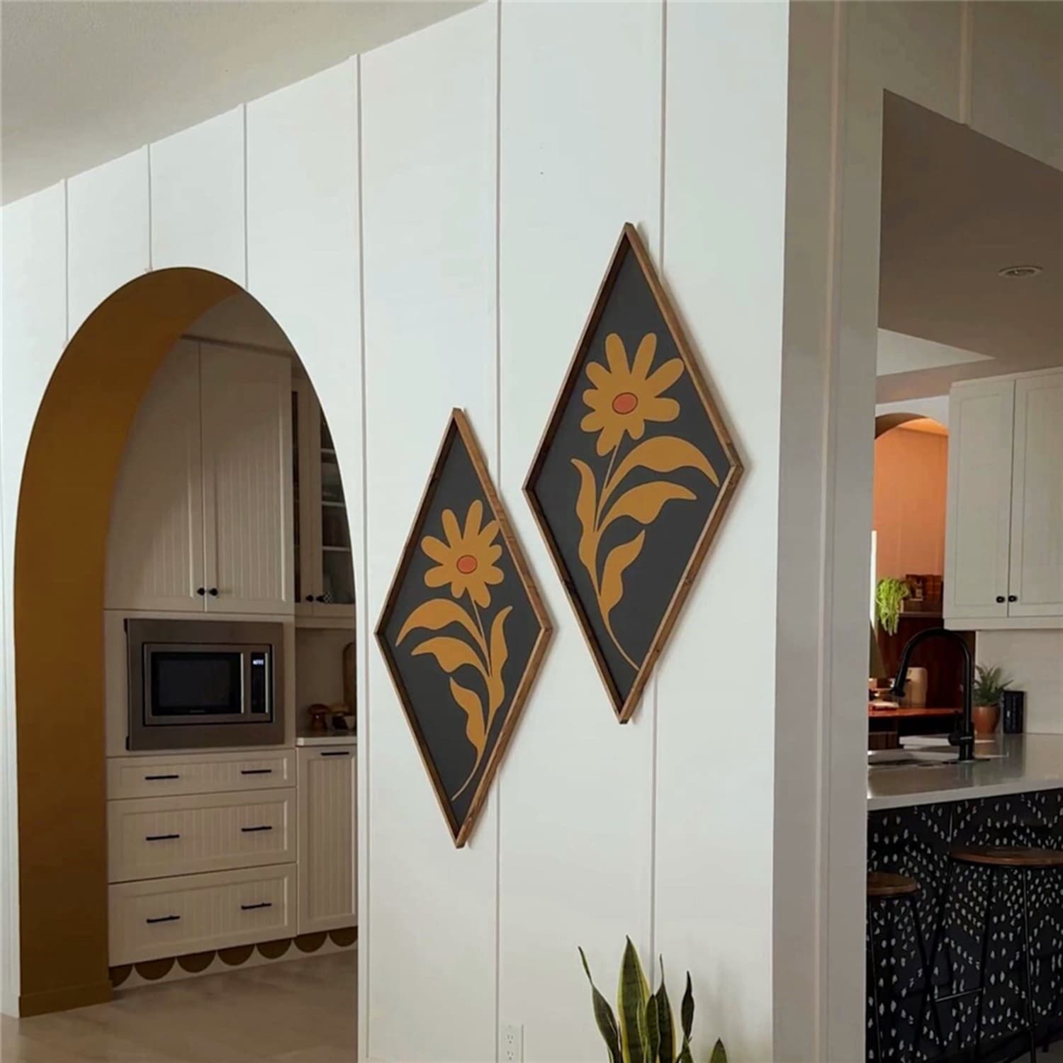 TEMU 2pcs Mid Century Wall Art Decor, Wooden Framed Diamond Boho Floral Wall Hanging For Home Bathroom Bedroom Living Room