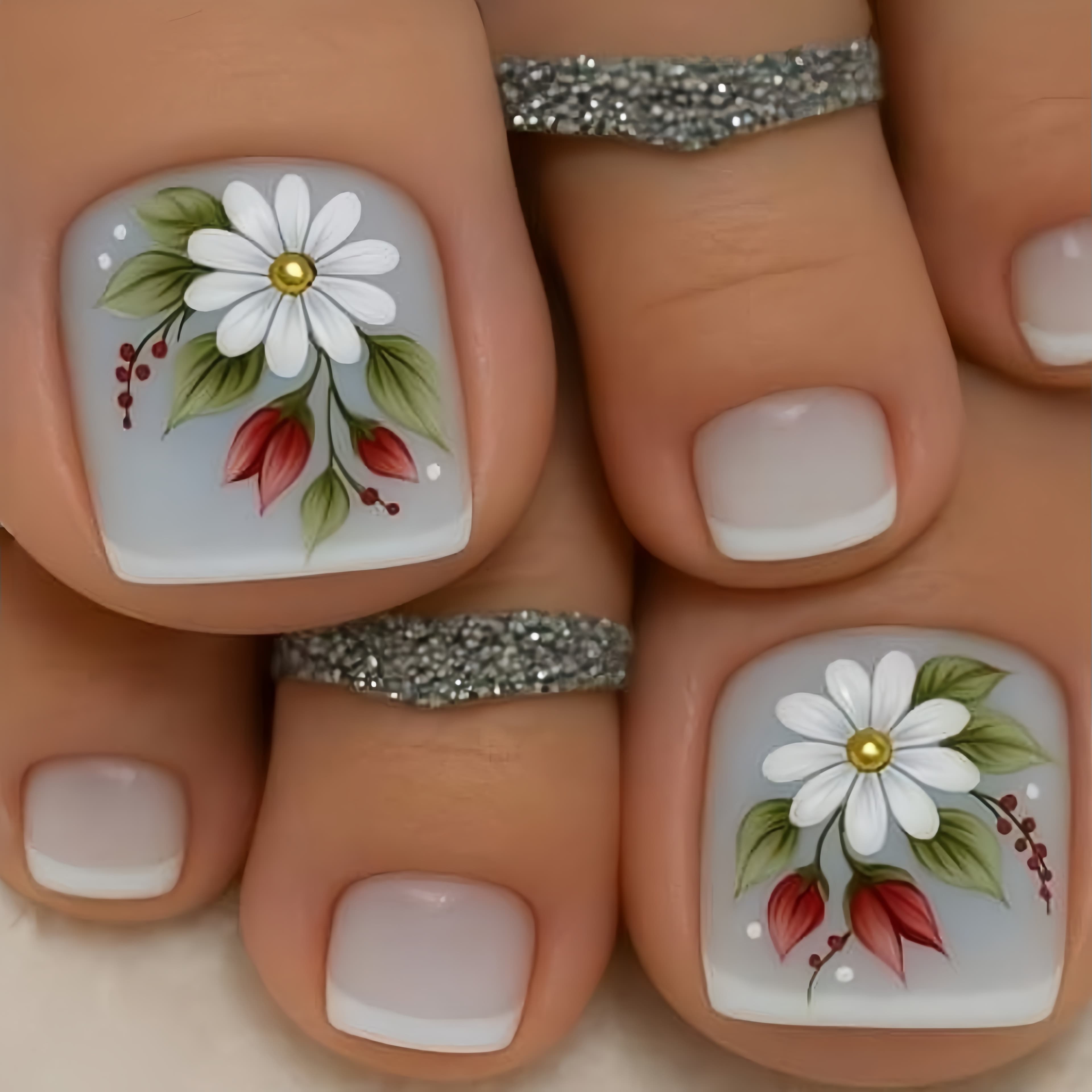 TEMU 24pcs Gray French Daisy Press-on Nails Toe Nails Short Square Tips Elegant Style Nails Removable Fake Nails Press-on Nails Women's Toe Nails Reusable Fake Nails