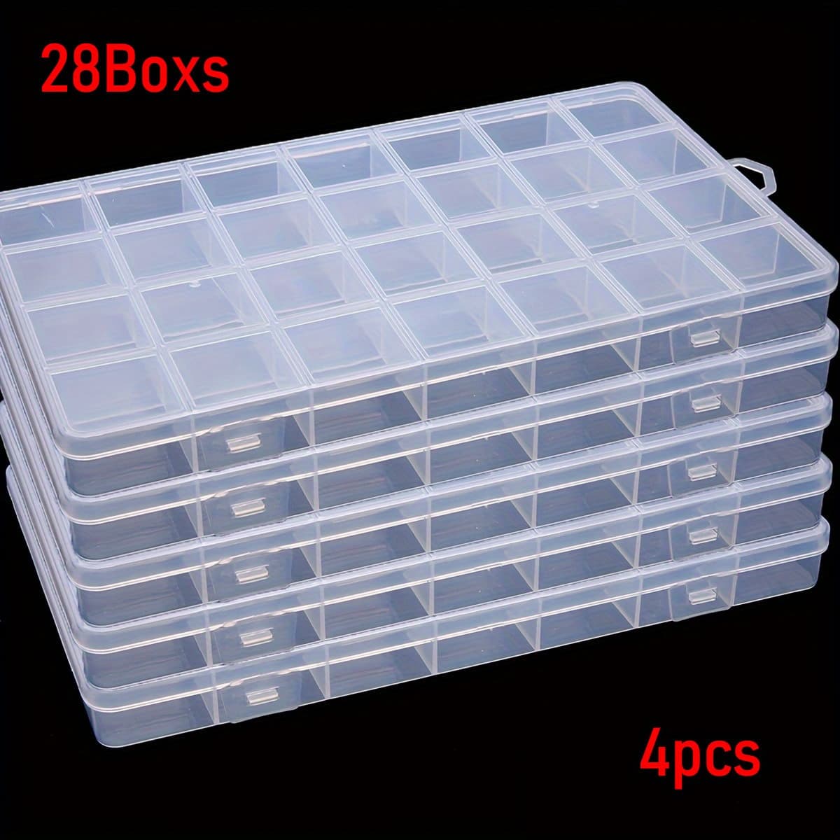 TEMU Multi-use Clear Plastic Storage: 4-pack 28-compartment Box W/ Lids | Stackable Jewelry Bead Craft Organizer, Transparent Grid For