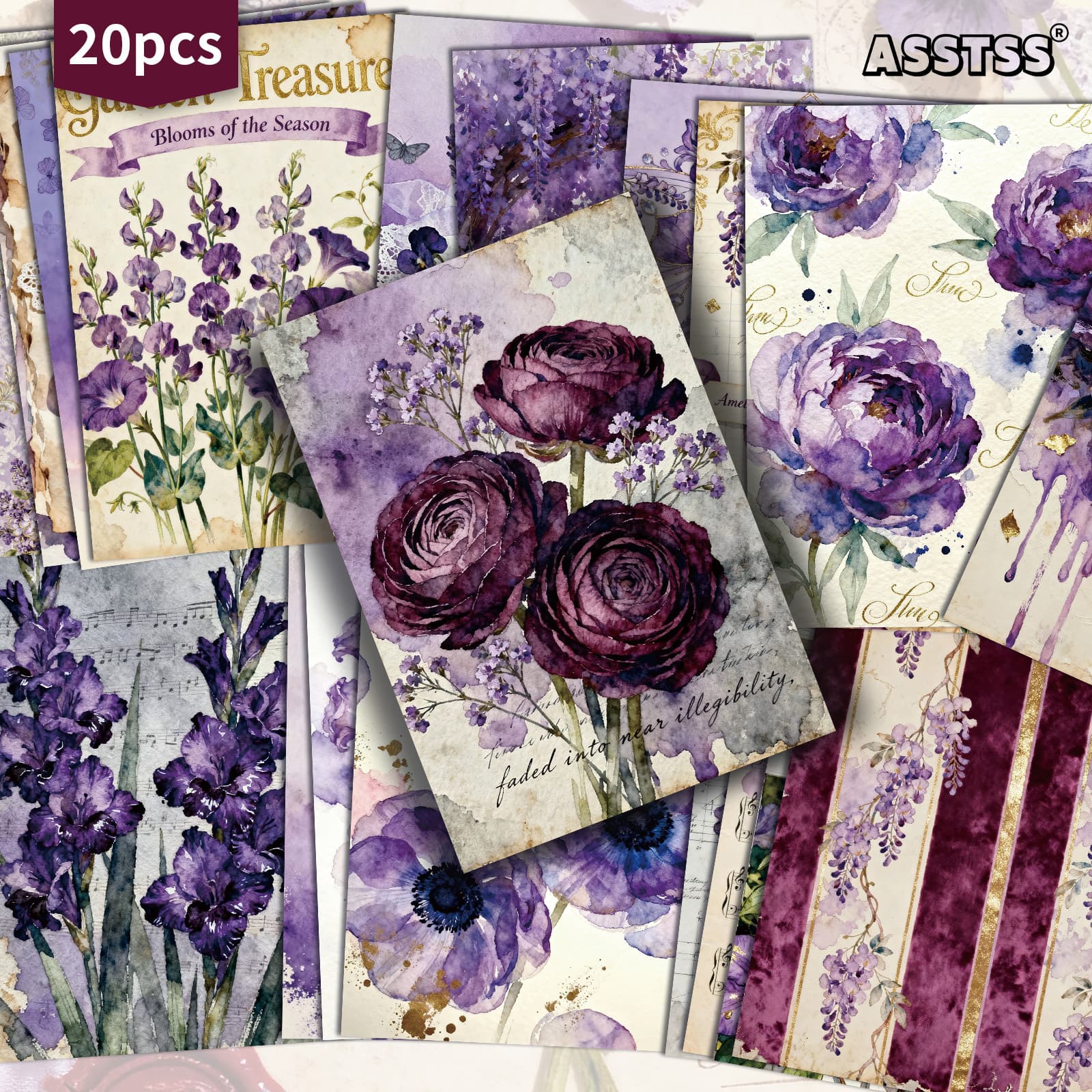 TEMU 20-pack Asstss Watercolor Purple Flowers Gift Cards | 4x6 Inches Retro Junk Journal Paper, Classic Pinup Illustrations, Collectible Decorative Painting Cards For Scrapbooking & Crafting