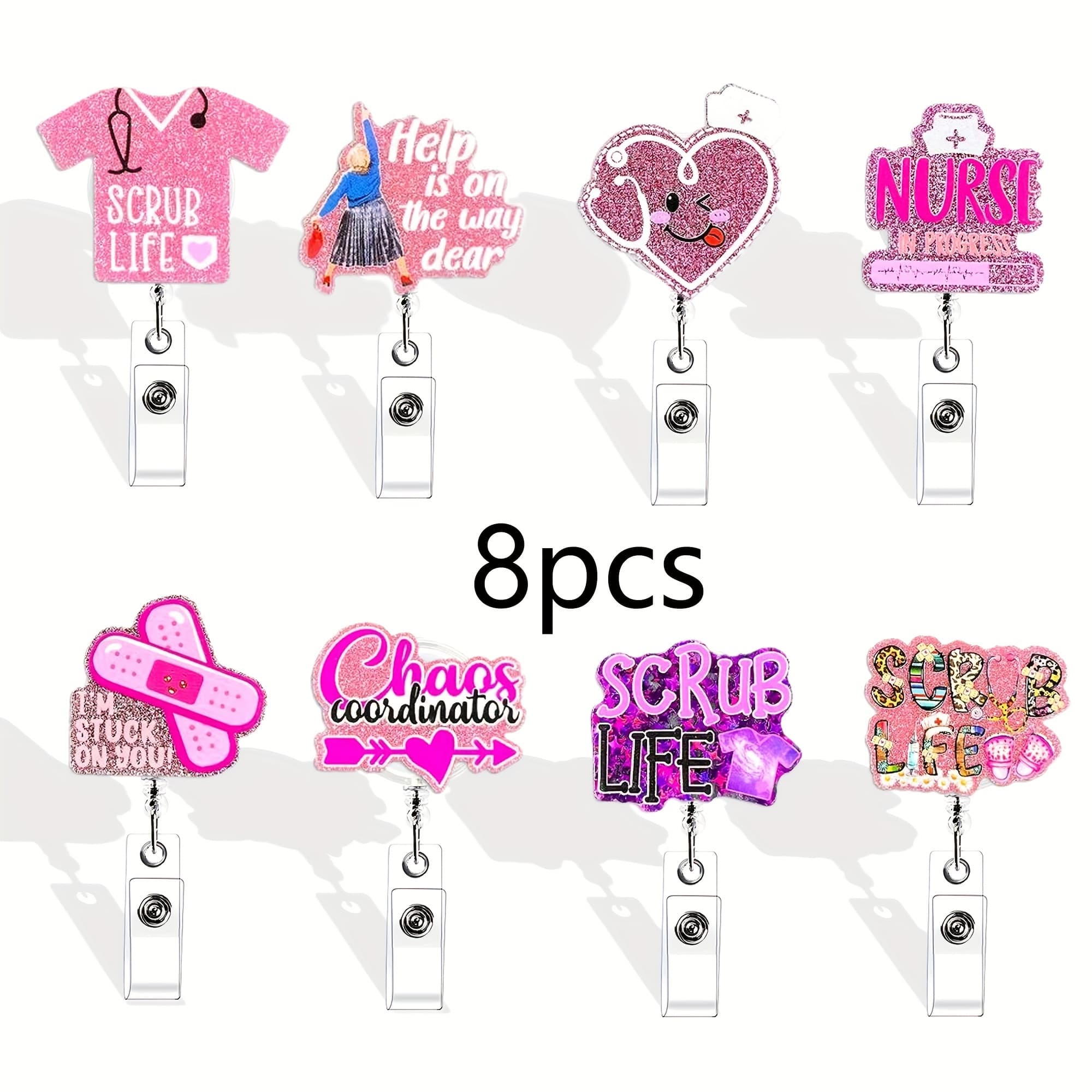 TEMU 2d 8pcs Retractable Badge Reel Set For Nurses And Healthcare Professionals - Style Acrylic Id Card Holder With Motivational Quotes And Nurse - Alligator Clip Attachment For Hospitals, Offices
