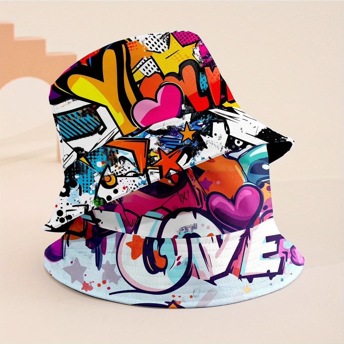 TEMU 2-pack Printed Double-sided Bucket Hats, Universal Graffiti, Heart, Hats, Fashionable Summer Hats For Men And Women, For Beach And , Travel Hats, Beach Hats With Lines
