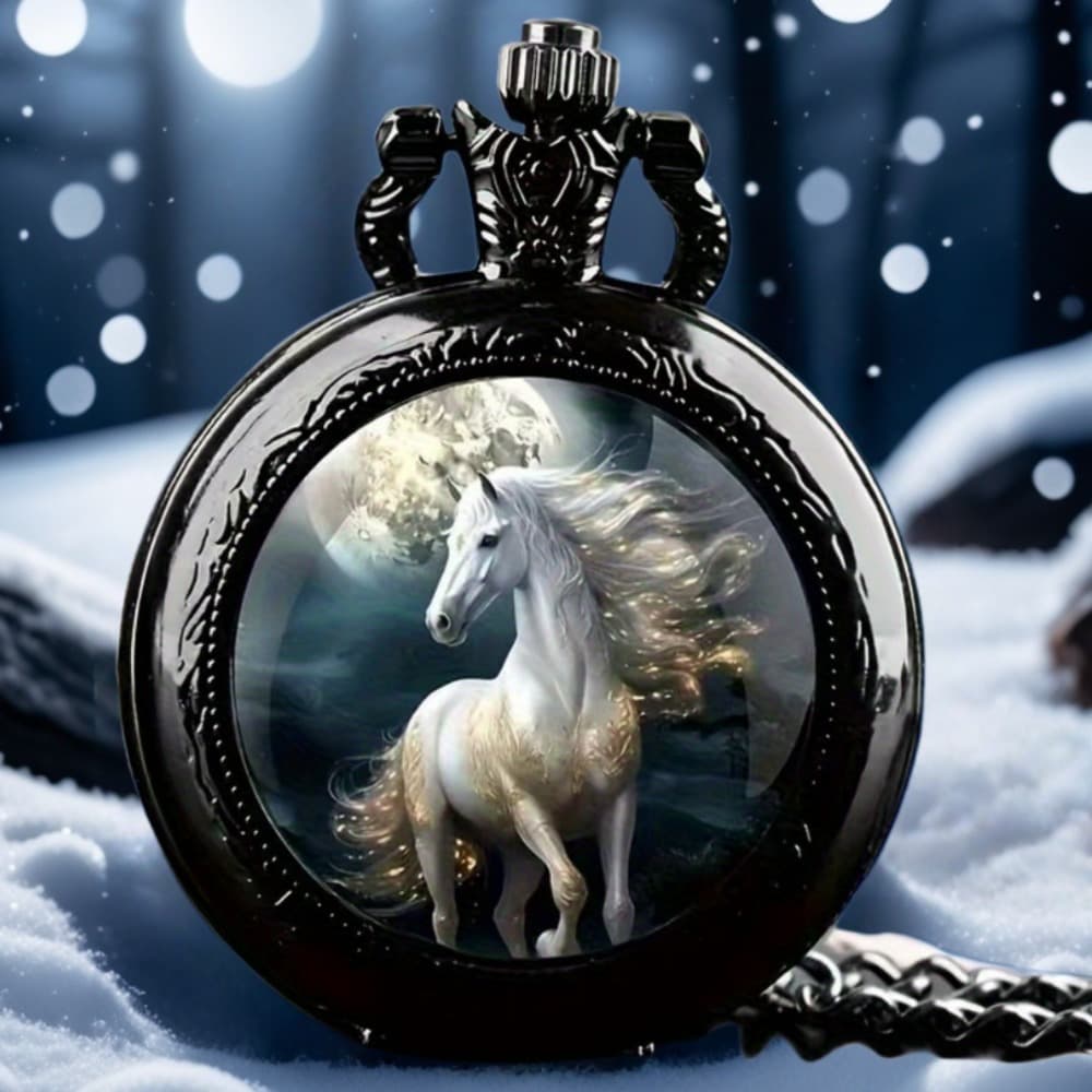 TEMU Elegant Fashion White Horse Pattern Necklace Pocket Watch, Creative Dressing Watch, Unique New Year Christmas Birthday Gift