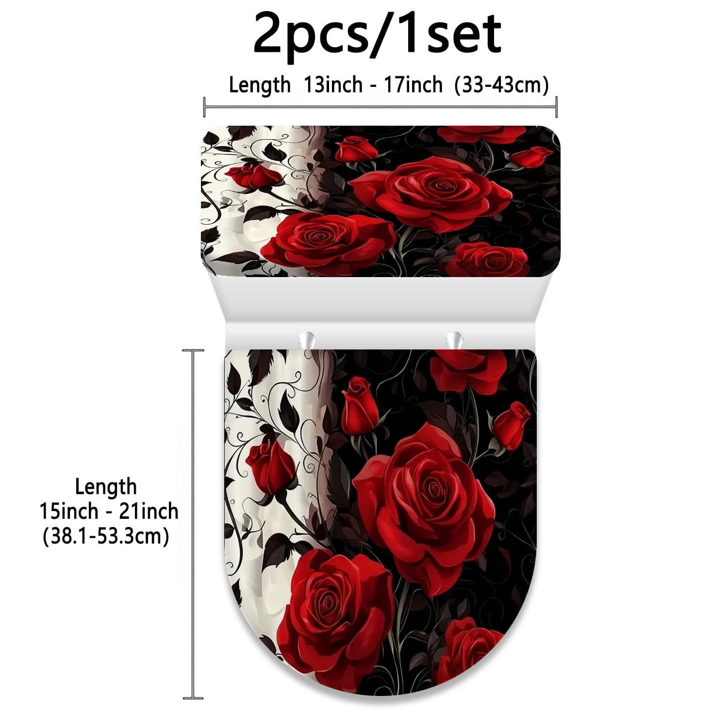TEMU 2pcs Red Rose Black Striped Vintage Pattern Printed Toilet Seat And Tank Cover Set, 2d Flat Universal Bathroom Decorative Toilet Cloth Set, Suitable For All Types Of Toilets
